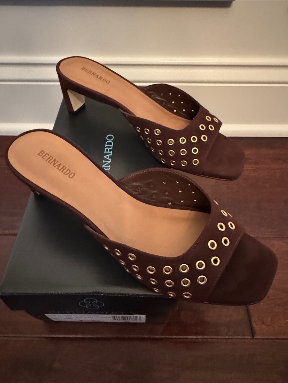 Bernardo Brown Suede Grommet Mule Sandals - Picture 2 of 6